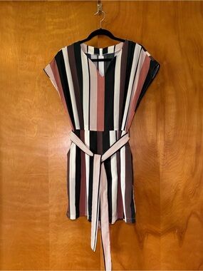 Romper! Striped V-Neck Tie-Waist Romper in Coral, Black & Cream size L